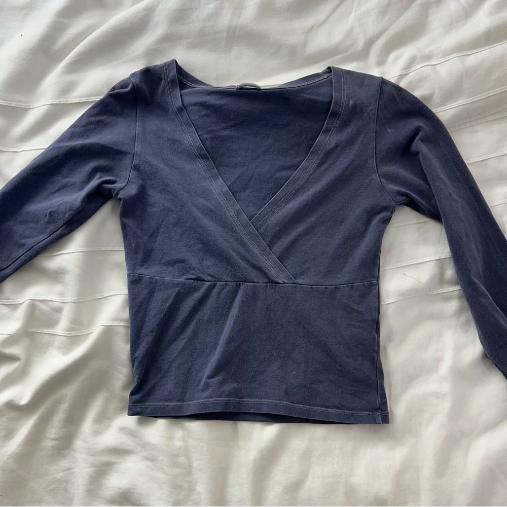 Blue Wrap Fitted Long Sleeve Blouse
